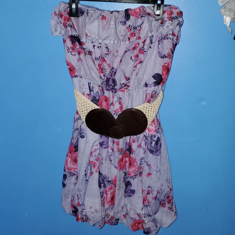 *SOLD* 5 for $20 | Chesley Strapless Ruffle Top Floral Dress with Knitted Belt - Picture 1 of 11